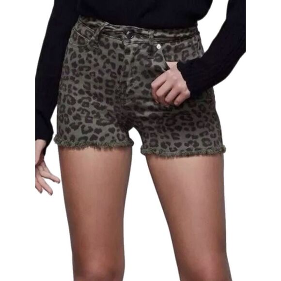 GOOD AMERICAN Green Leopard Cut Off Jean Shorts - Picture 1 of 8